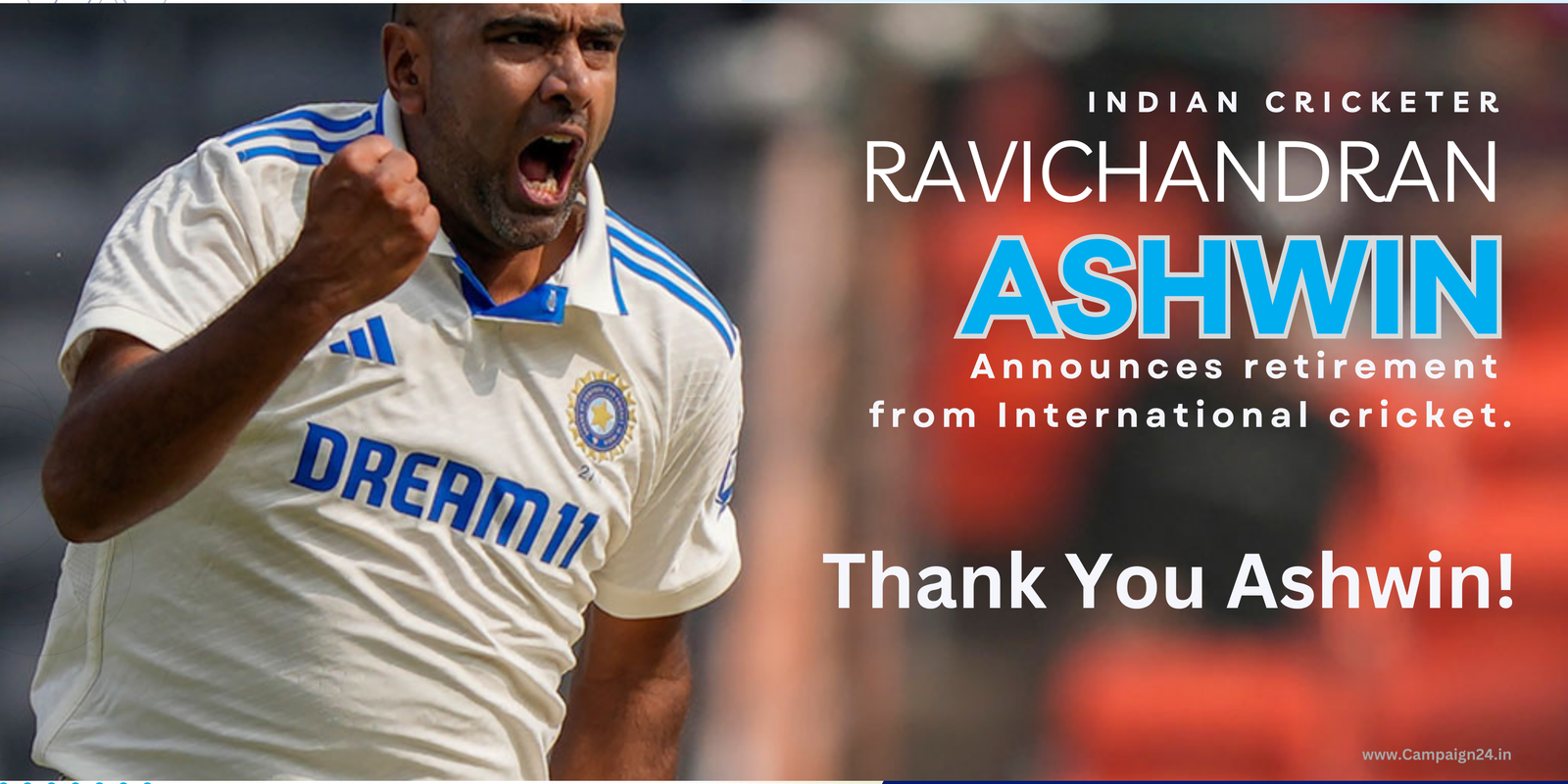 Ashwin announced his retirement from international cricket.